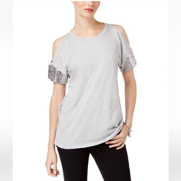 MICHAEL KORS Sequin Cold Shoulder Gray Short Sleeve Top - Picture 5 of 13
